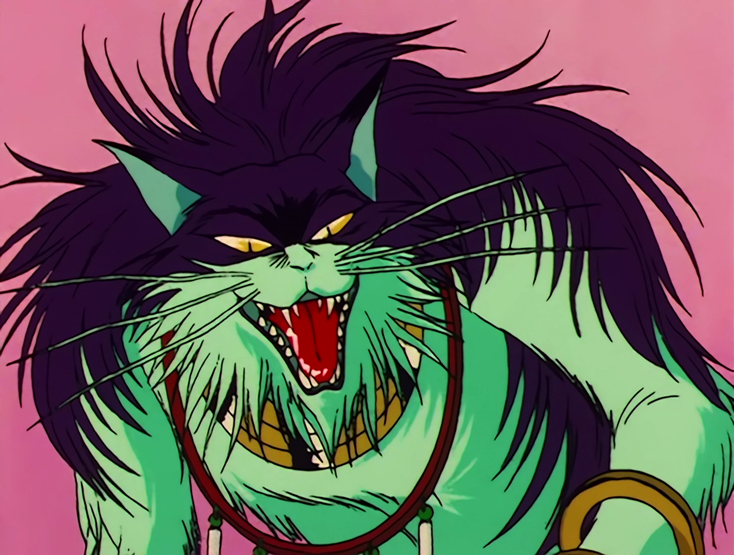 Bakene, a Youma from Sailor Moon episode 31. He’s a big, hairy cat guy, with long limbs and a hunched over posture. His fur is dark blue and light turquoise, and he has two large metal collars and some metal bracelets.
